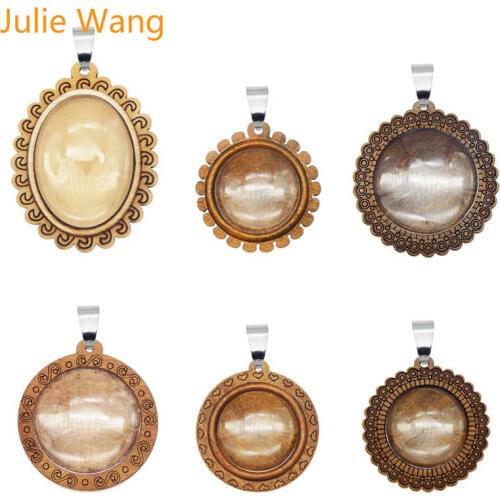 Julie Wang 2PCS Wood Oval Round Cabochon Base Settings Charms Hooks Glass Cabochon Blank Bezel Tray Jewelry Making Accessory