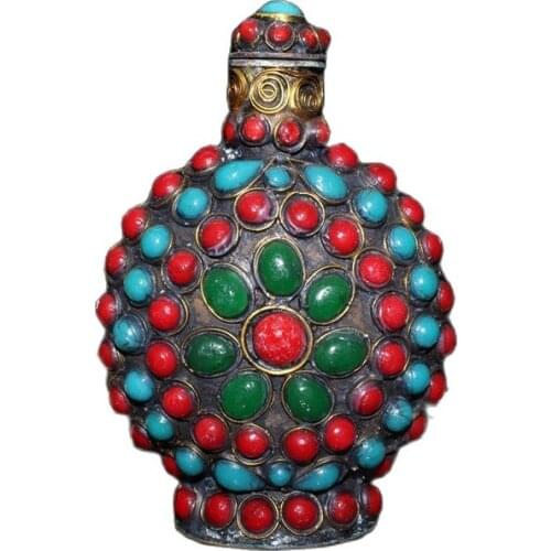 China Old Beijing Old Goods Bead-Embedded Turquoise Copper Snuff Bottle