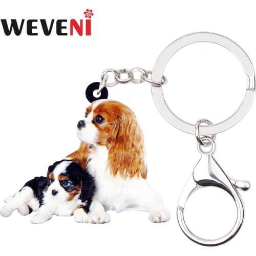 WEVENI Acrylic Cute Double Cavalier King Charles Spaniel Dog Key Chains Keychains Rings Bag Car Charms Jewelry For Women Girls