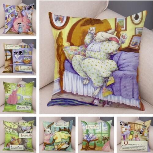 Cute Cartoon Rabbit Story Cushion Cover Decor Fairy Tale Pillowcase Colorful Soft Plush Pillow Case for Sofa Children Room Home
