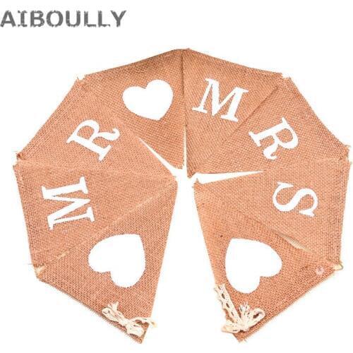 Mr Mrs Love heart Vintage Wedding Banner Jute Bunting Photo Props Marry Rustic Garland Flag Party Hanging Wedding Decoration