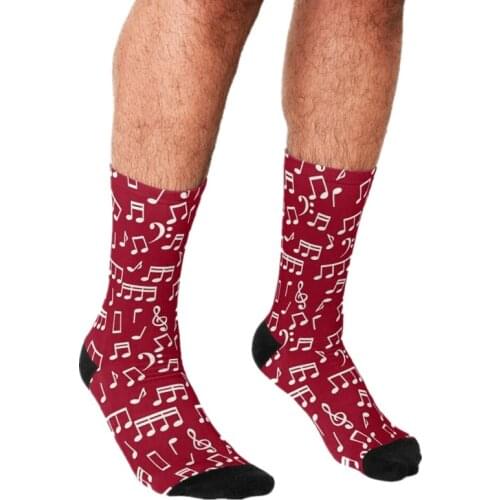 Mens socks Funny White Music Notes on Red Background Socks Men harajuku Happy Novelty boys Crew Casual Crazy Socks for men