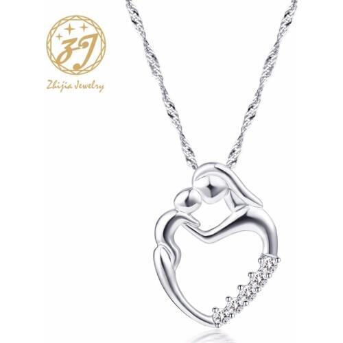 New Arrival Fashion Gifts Silver Mosaic Zircon Necklace Mom And Kid hand in hand Heart Shape Pendant Necklace For Mothers Day