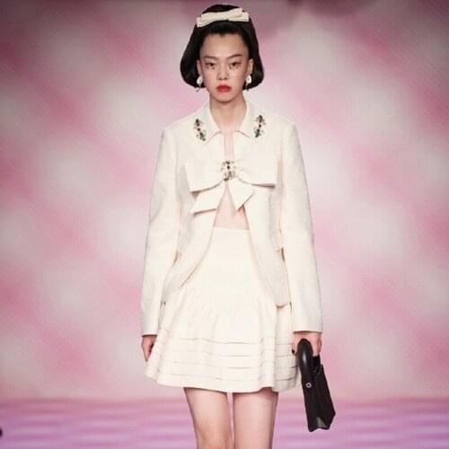 Runway Sweet Party Clothes Women 2021 Fall Spring New Coat Beaded Rhinestone Bow Slim Short White Top A-Line Skirt Two Piece Set