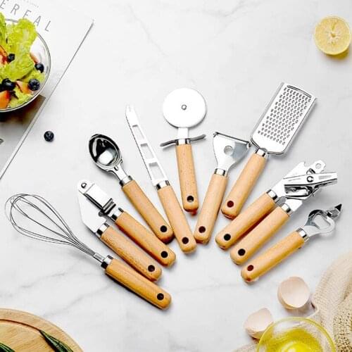 Stainless Steel Gadget Tool with Wooden Handle Whisk Peeler Cutter Can Opener Corkscrew Kitchen Cooking Utensils Set
