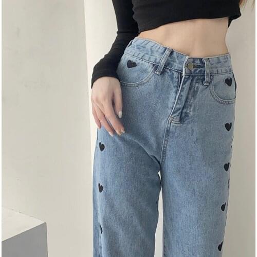 High Waist Love Printed Straight Jeans For Women Blue Loose Wide Leg Pants Slim Fall Streetwear Denim Trousers Female Jean P165