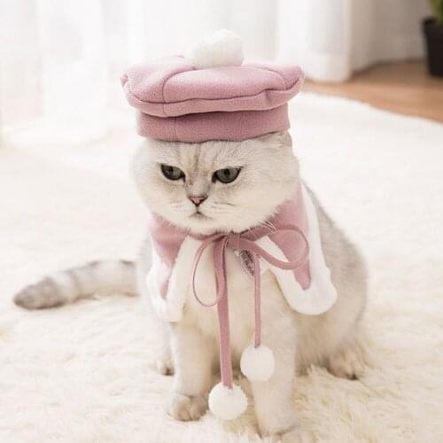 Pink beret and cape suit pet cat and dog clothes Christmas Easter clothes pet equipment comfortable fabric cute pet suit
