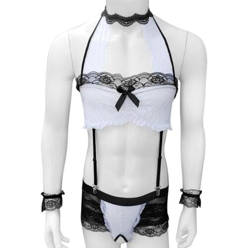 Sexy Mens Adults Sissy Floral Lace Lingerie Bra Sets Open Crotch See Through Gay Male Nightwear Sleepwear with Bracelets