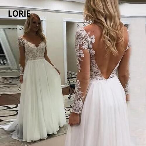 LORIE 2021 Chiffon Beach Wedding Dresses Lace Appliqued V-neck Long Sleeve Princess Bridal Gowns Boho Wedding Gowns