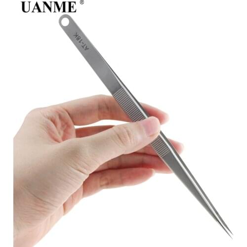 UANME AT-18K 7" 18cm Long Tweezers Stainless Steel Electronic Pointed Tip Straight Tweezer Forceps