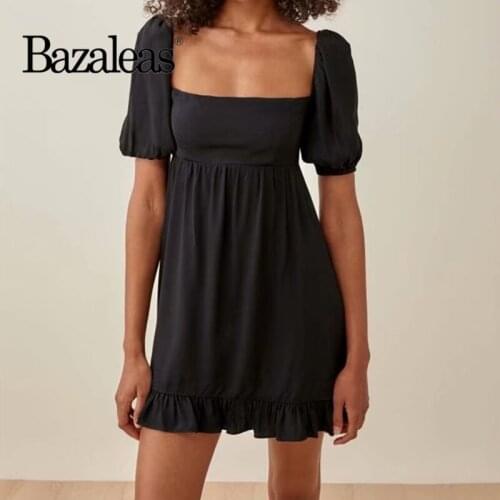 Bazaleas Vintage Black Square Collar Dress France Puff Short Sleeve Vestido Fashion Side Zipper Dress