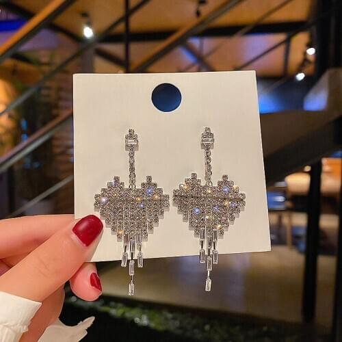 South Korea Dongdaemun full rhinestone love earrings long tassel zircon earrings net red fashion female earrings