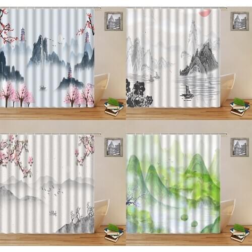 Chinese Style Shower Curtains Ink Painting Spring Mountain Water Flower Scenery Pattern Print Bath Decor Cloth Hanging Curtain