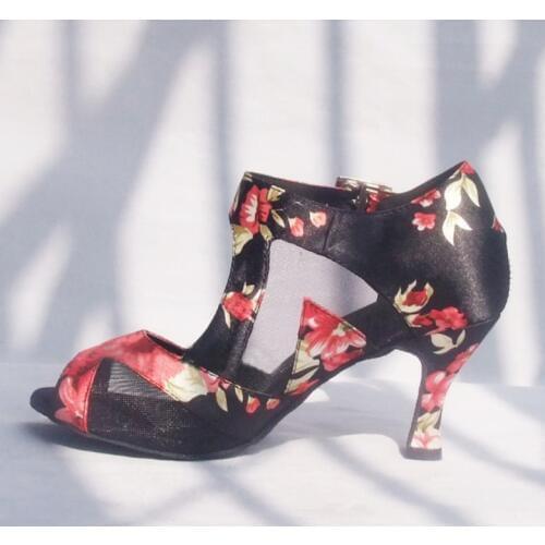 New Ladies Flower Black Satin Mesh Ballroom Latin Samba Salsa Ceroc Tango Dance Shoes All Size