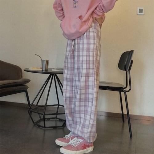 Vintage Pink Plaid Pants Elastic Waist Plus Size Clothing for Women Casual Loose Wide Leg Pants Pockets Harajuku Korean Clothes
