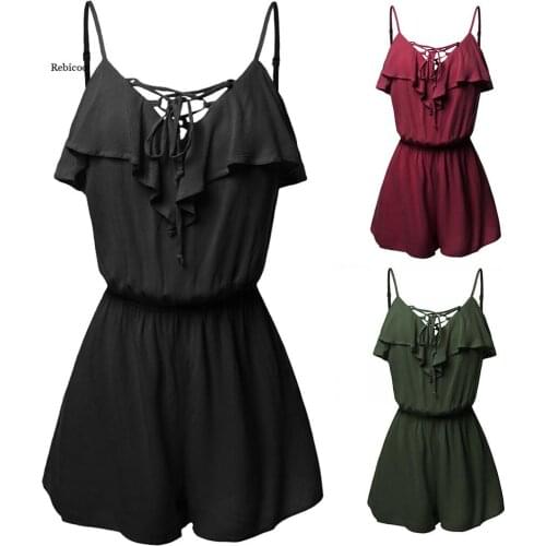 Womens Large Size Casual Sleeveless Overlap Front Frill Detail Jumpsuit WomenS Summer Brief Overalls Elegant Boho Vintage