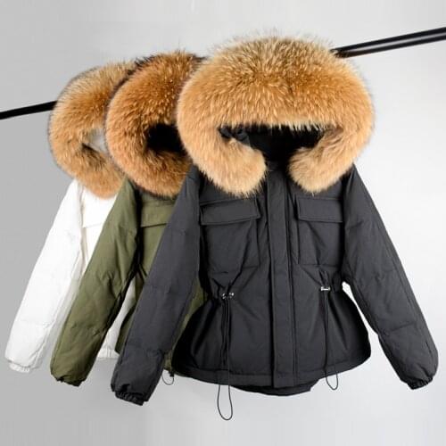 2021 Newest Large Natural Raccoon Fox Fur Collar Hooded Winter Puffer Jacket Women Thick Warm Down Coat With Adjustable Waist