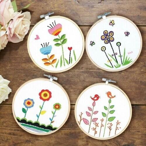 1pcs Round Wooden Embroidery Hoop Frame with Flowers Plants Pattern Embroidery Cloth for Beginners Embroidery DIY Craft Tools
