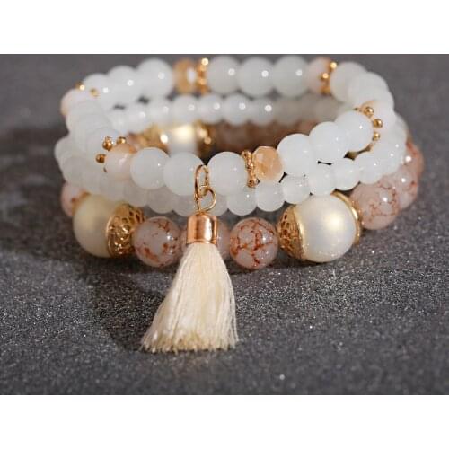 3pcs Fashion Boho Bracelets For Women Accessories Bangles Natural Stone Beaded Bracelet Set With Colorful Gem Long Wrap Tassel
