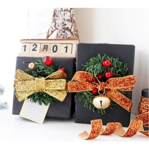 9pcs Christmas Gift Deco Craft Wrapping Supplies Giltter Ribbon Roll Diy Tree Kraft Paper Hang Tag Pine Wreath Giltter Ribbon