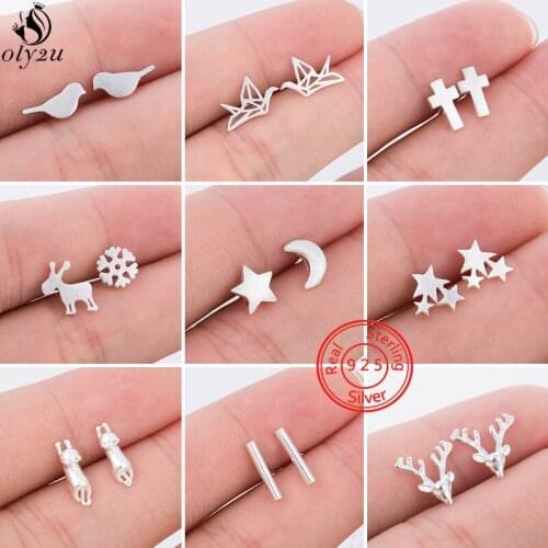925 Sterling Silver Cartoon Animal Earrings for Women Kids Minimalist Birds Crane Deer Cat Earings Jewelry Star Moon Studs Gift