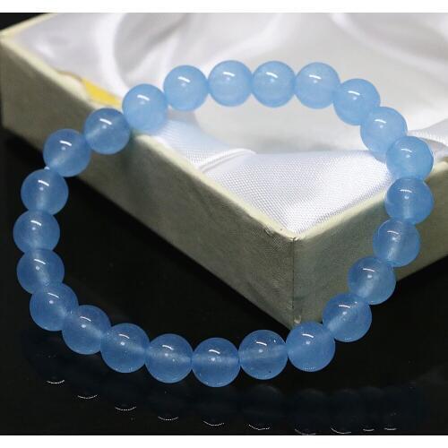 Charms blue natural stone chalcedony jades semi-precious round beads 8mm 10mm fashion simple gift bracelet jewelry 7.5inch B1517