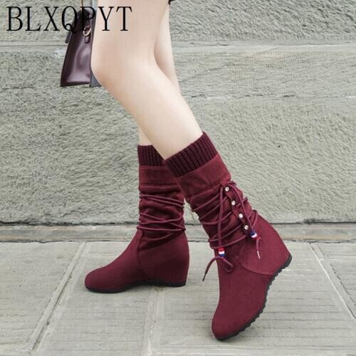 BLXQPYT 2019 New Plush Warm Winter Med -calf Women boots Snow Boots Height Increasing heels Female Shoes woman Large Size M2528
