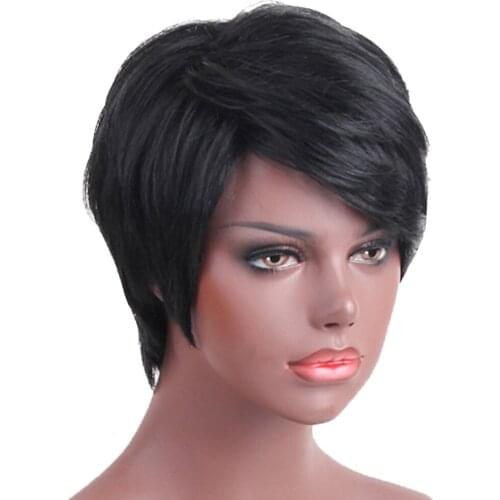 Women Short Pixie Wig Natural Human Hair Wig Straight Layered Wig Light Breathable for Daily Party Wear Oblique Bangs Wig