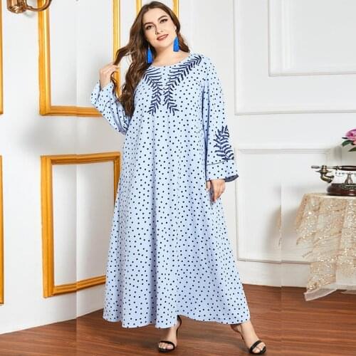 DOIB Women Abaya Emboridery Dress Polk Dot Patchwork Plus Size Maxi Musilim Dress 2021 Fashion Female Oversize Dress