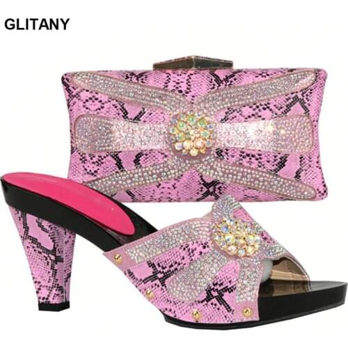 Fuchsia Italian Ladies Shoes and Bags To Match Set Decorated with Rhinestone Bag and Shoes Set Bolsas Italy Nigerian Shoes Bag