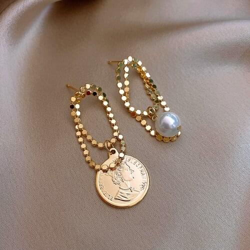 Fashion Irregular Pearl Gold Drop Earrings for Women Vintage Geometric Portrait Coin Dangle Female Earrings 2021 Trend Jewelry