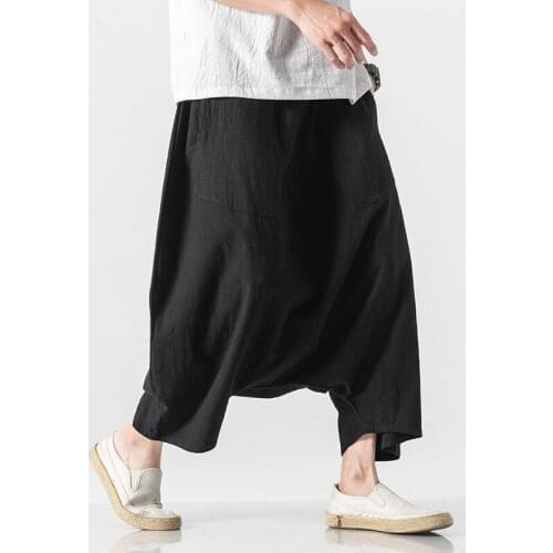 Men Pants Mens Wide Crotch Harem Pants Cotton Linen Loose Large Cropped Trousers Wide-legged Bloomers 2021 Korean Style Baggy