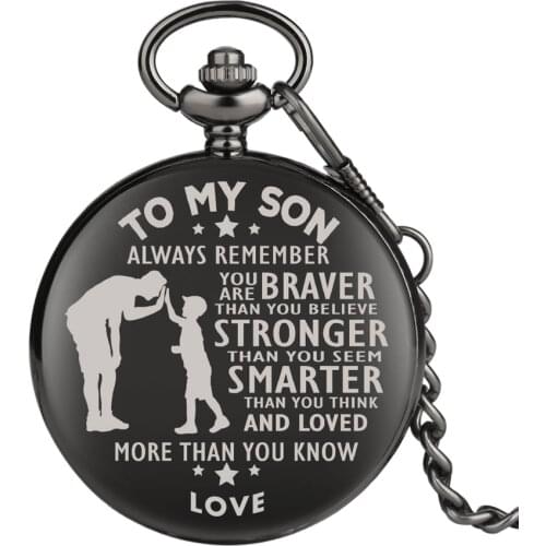 "To MY SON' Engraving Word Black Pocket Watch Men Roman Number Watches Unique Quartz Clock Chain Boy Birthday Christmas Gifts