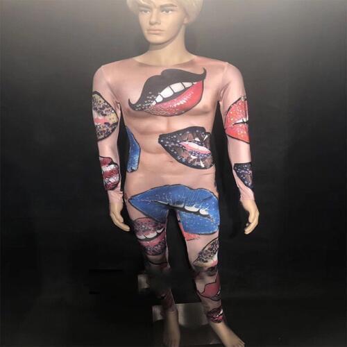 Mens Lips Bodysuit Nightclub Dj Sexy Performances Costume Mens Stage Costume One-piece Skinny Rompers Underwear Dance Outfit