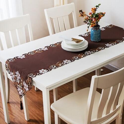 New 40*175CM Brown Pastoral Embroidered White Floral Tassel Tablecloth Table Runner Home Party Wedding Dinner Table Decor Cloth