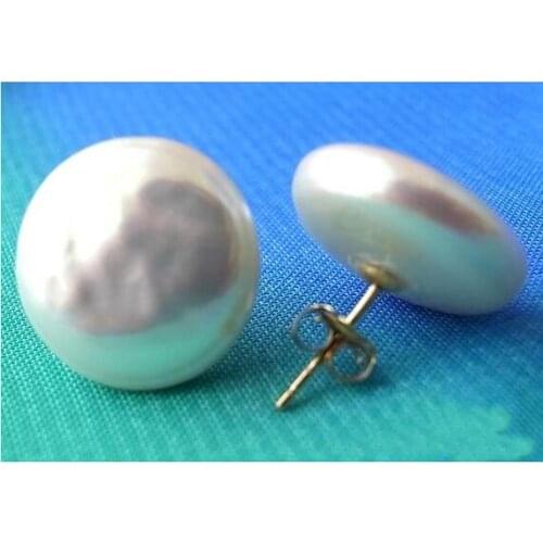 New Favorite Natural Pearl Earring 14mm Coin White Freshwater Pearl Gold Stud Earring Perfect Fine Jewelry Lady Girl Gift
