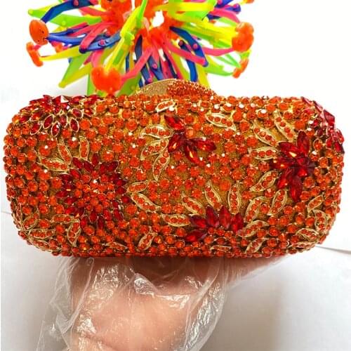 New Arrival Orange/Red Rhinestone Women Clutch Bags Best Crystal Evening Bag Luxury Ladies Shoulder Chain Handbags Female Purse