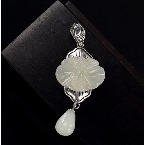 One New S925 pure silver lotus natural hetian jade white jade inlay high-grade sweater wholesale chain silver pendant
