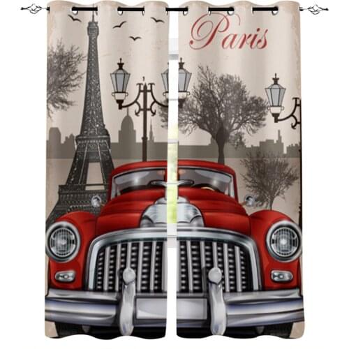 Paris Retro Poster Red Car Window Curtains for Living Room Luxury Kitchen Bedroom Drapes Home Decor Backdrop Curtain