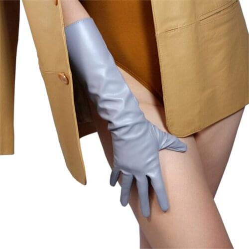 Women Leather Gloves In The Long 40cm Imitation Leather Sheepskin Silver Gray Light Gray PUQHS40