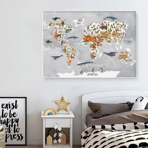 Woodland Animal Watercolor World Map Poster Art Prints Nursery Wall Art Gift For Child Decor Canvas Painting Decorative Kid Room