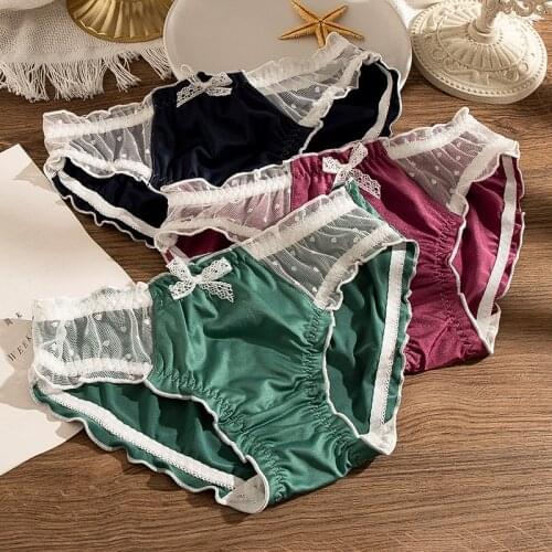 Fan·Sweet New Japanese Women Milk Silk Sexy Panties Sweet Lovely Girl Mesh Lace Bow Briefs Female Lingerie
