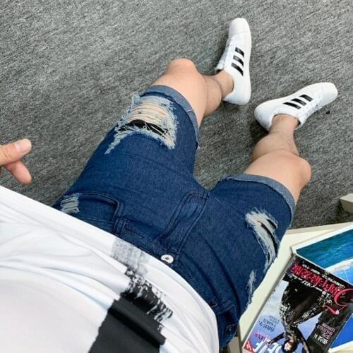 Summer Mens Thin Jeans Hole Shorts Teen Street Hip Hop Trend Personality Fashion Black Dark Blue