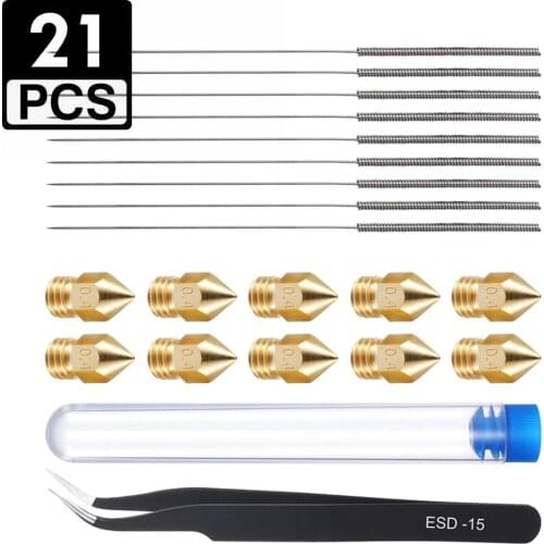 21 PCS 3D Printer Nozzle Stainless Steel Cleaning Kit Mk8 Nozzles 0.4 mm Needles Nozzle Kits Extruder Ender 3D Printer Creality