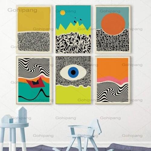 Mid Century Modern Retro Abstract Wall Art Geometric Canvas Painting Posters Prints Multicolored Picture for Living Room Decor