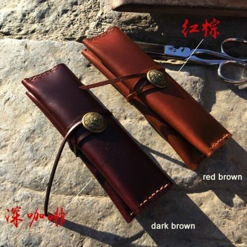 100% handmade stitched genuine leather fordable pen bag portable pencil bag with bandage vintage decorative metal sheet 1122