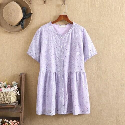 Plus Size Shirt For Women Short Sleeves V-Neck Crochet Lace And Chiffon Inner Lining Double-Ply Fabric Buttonholes Summer Shirt