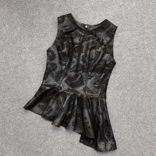 2021 Spring New Designer Womens High Quality Sheepskin Real leather Vests Chic women asymmetric Tank Tops C626