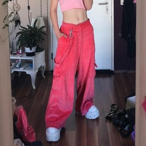 YICIYA 2021 Autumn Winter Corduroy Wide Leg Pants Women Casual Loose Pink Pockets Hip Hop Streetwear Trousers With Ribbon