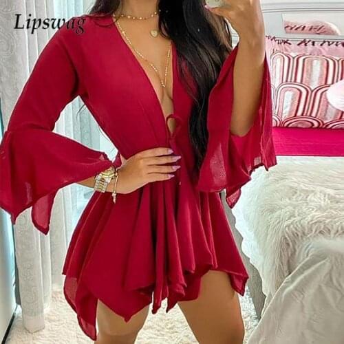 Sexy Deep V Neck Wrap Chiffon Two Piece Set Women Casual Loose Long Sleeve Blouse and Shorts Suit 2021 Autumn Solid Lady Outfits